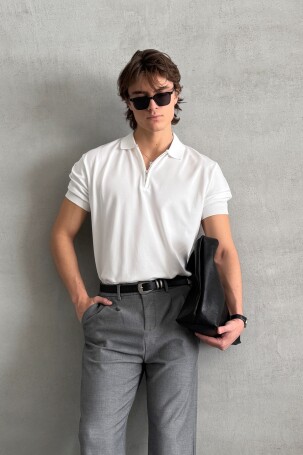 Erkek Oversize Fermuarlı Polo Yaka Triko T-Shirt Beyaz - 4