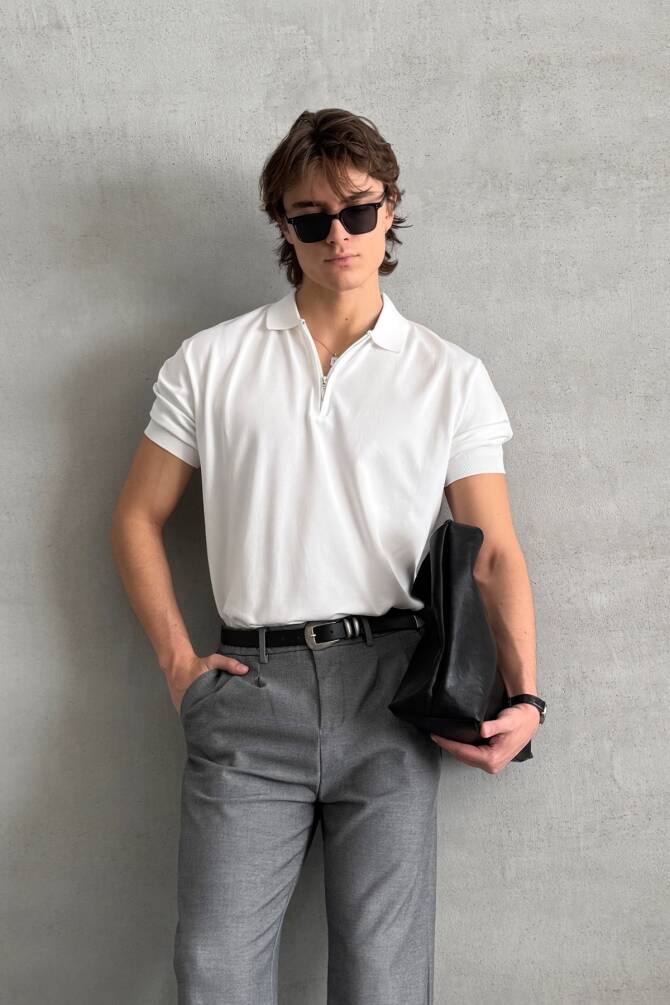 Erkek Oversize Fermuarlı Polo Yaka Triko T-Shirt Beyaz - 4