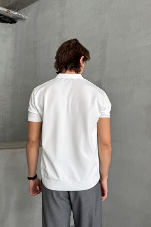 Erkek Oversize Fermuarlı Polo Yaka Triko T-Shirt Beyaz - 5