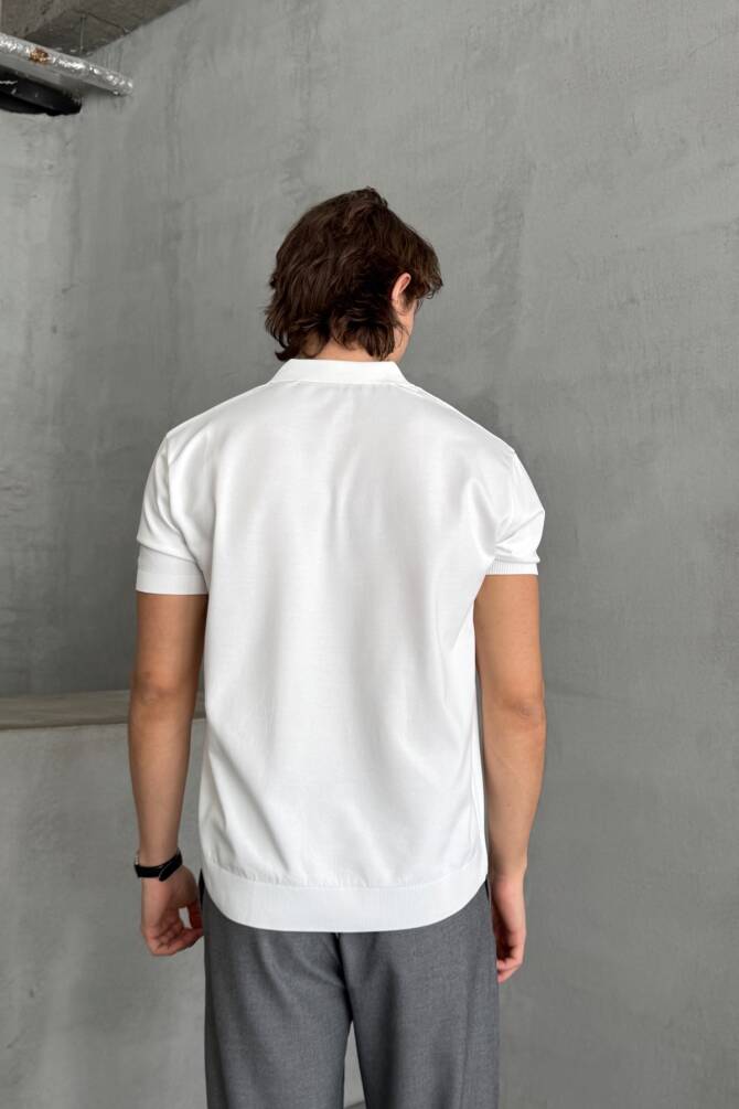 Erkek Oversize Fermuarlı Polo Yaka Triko T-Shirt Beyaz - 5