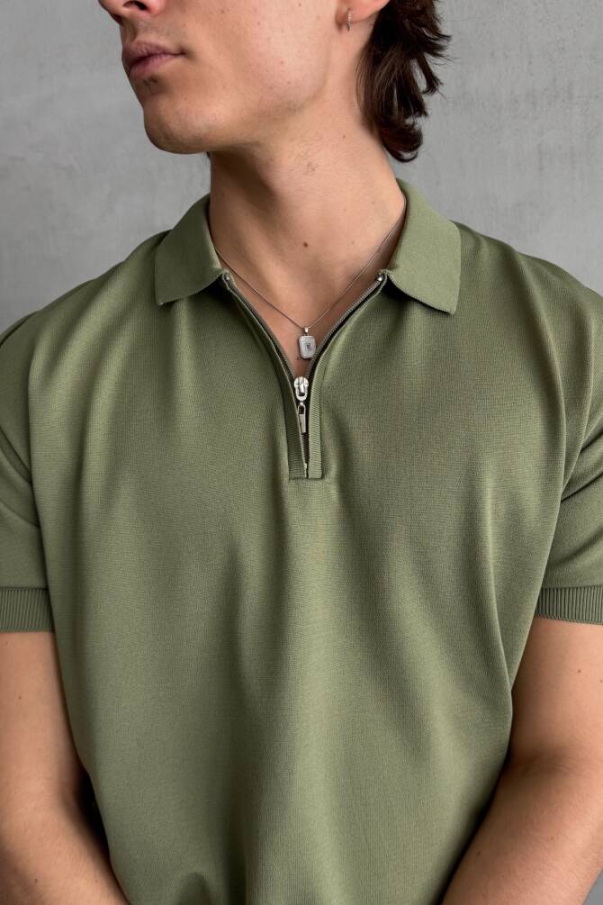 Erkek Oversize Fermuarlı Polo Yaka Triko T-Shirt Haki - 2