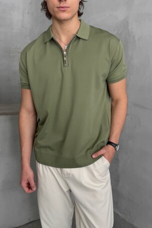 Erkek Oversize Fermuarlı Polo Yaka Triko T-Shirt Haki - 3