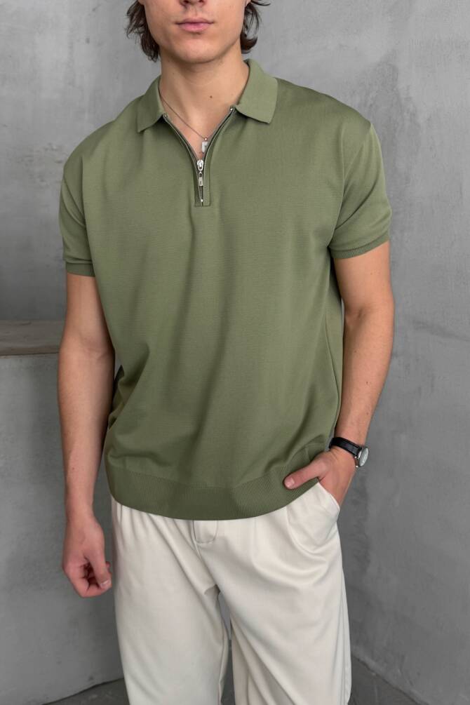 Erkek Oversize Fermuarlı Polo Yaka Triko T-Shirt Haki - 3