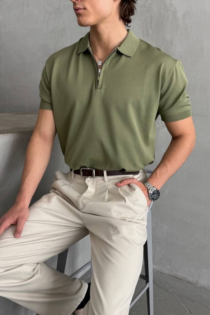 Erkek Oversize Fermuarlı Polo Yaka Triko T-Shirt Haki - 4