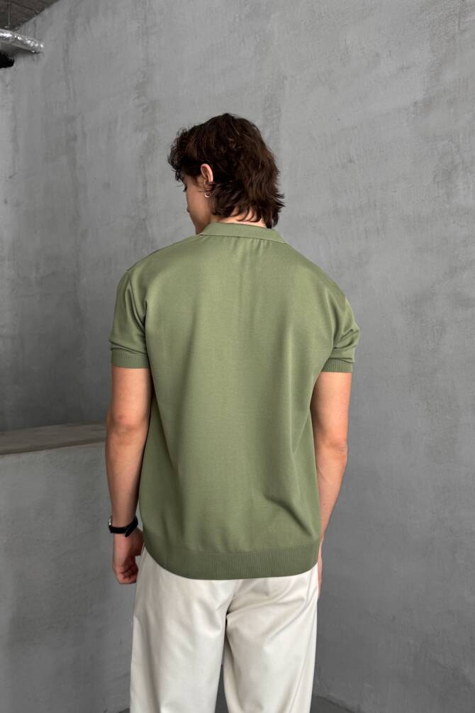 Erkek Oversize Fermuarlı Polo Yaka Triko T-Shirt Haki - 5