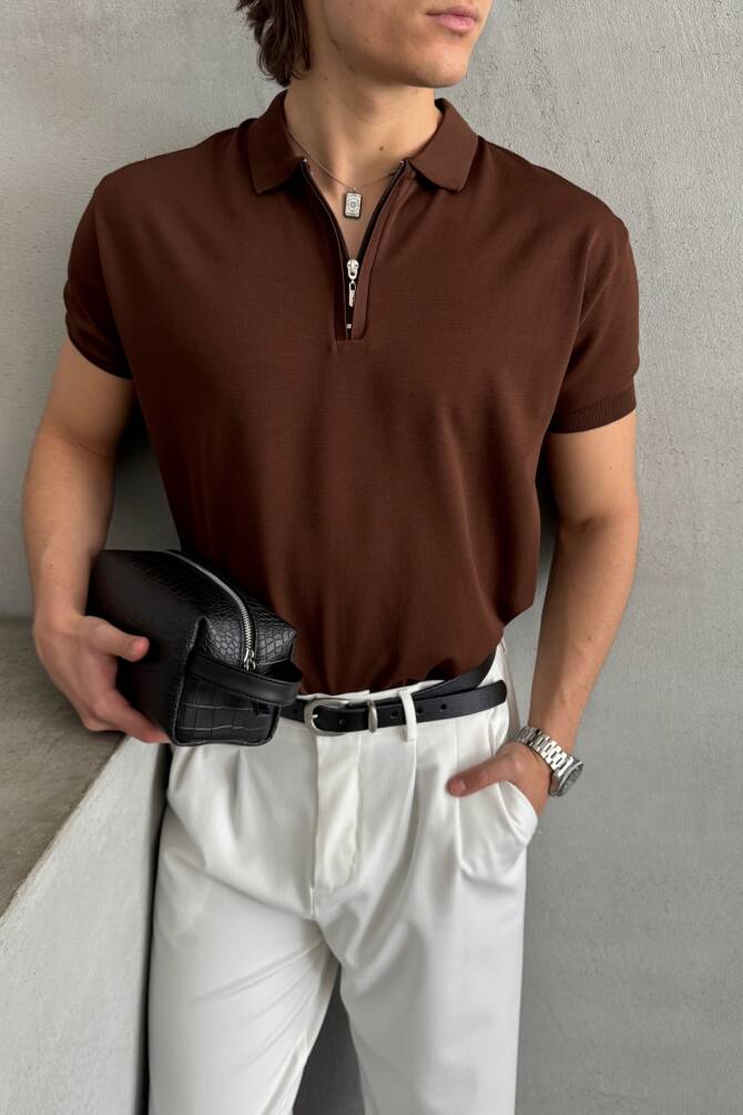 Erkek Oversize Fermuarlı Polo Yaka Triko T-Shirt Kahverengi - 1