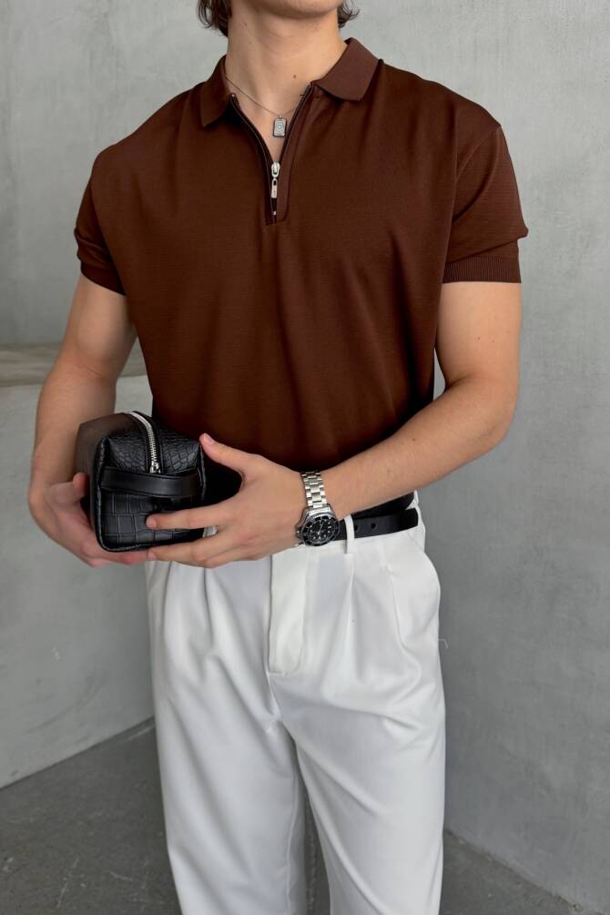 Erkek Oversize Fermuarlı Polo Yaka Triko T-Shirt Kahverengi - 2