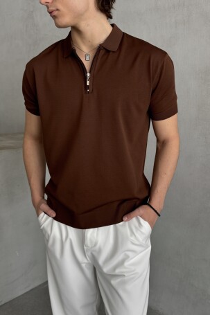 Erkek Oversize Fermuarlı Polo Yaka Triko T-Shirt Kahverengi - 3