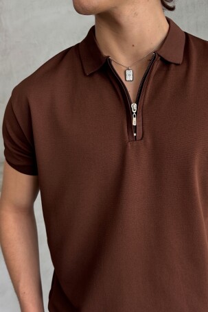Erkek Oversize Fermuarlı Polo Yaka Triko T-Shirt Kahverengi - 4