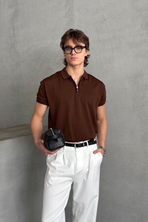 Erkek Oversize Fermuarlı Polo Yaka Triko T-Shirt Kahverengi - 5