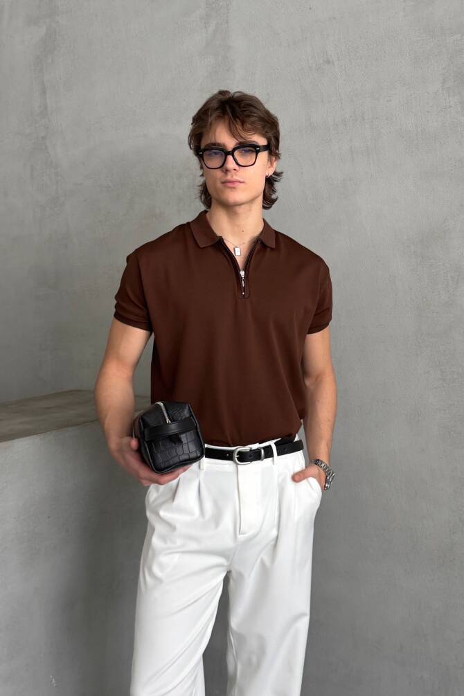 Erkek Oversize Fermuarlı Polo Yaka Triko T-Shirt Kahverengi - 5