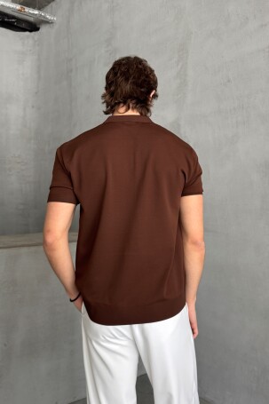 Erkek Oversize Fermuarlı Polo Yaka Triko T-Shirt Kahverengi - 6