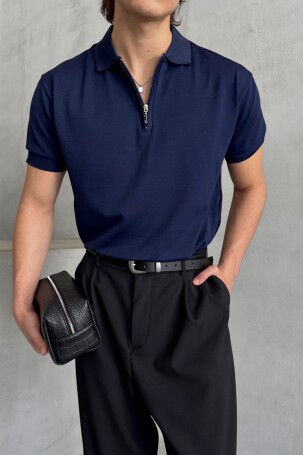 Erkek Oversize Fermuarlı Polo Yaka Triko T-Shirt Lacivert 