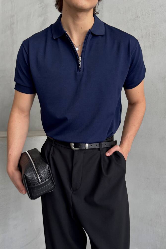 Erkek Oversize Fermuarlı Polo Yaka Triko T-Shirt Lacivert - 1