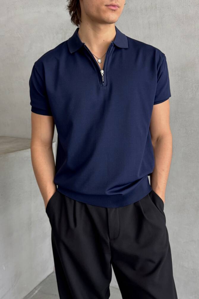 Erkek Oversize Fermuarlı Polo Yaka Triko T-Shirt Lacivert - 2