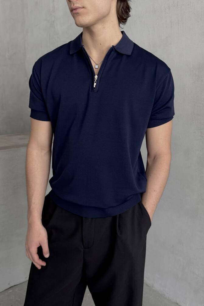 Erkek Oversize Fermuarlı Polo Yaka Triko T-Shirt Lacivert - 3