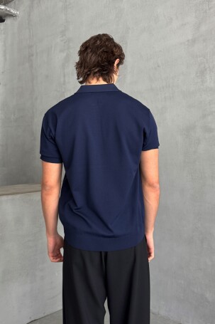 Erkek Oversize Fermuarlı Polo Yaka Triko T-Shirt Lacivert - 6