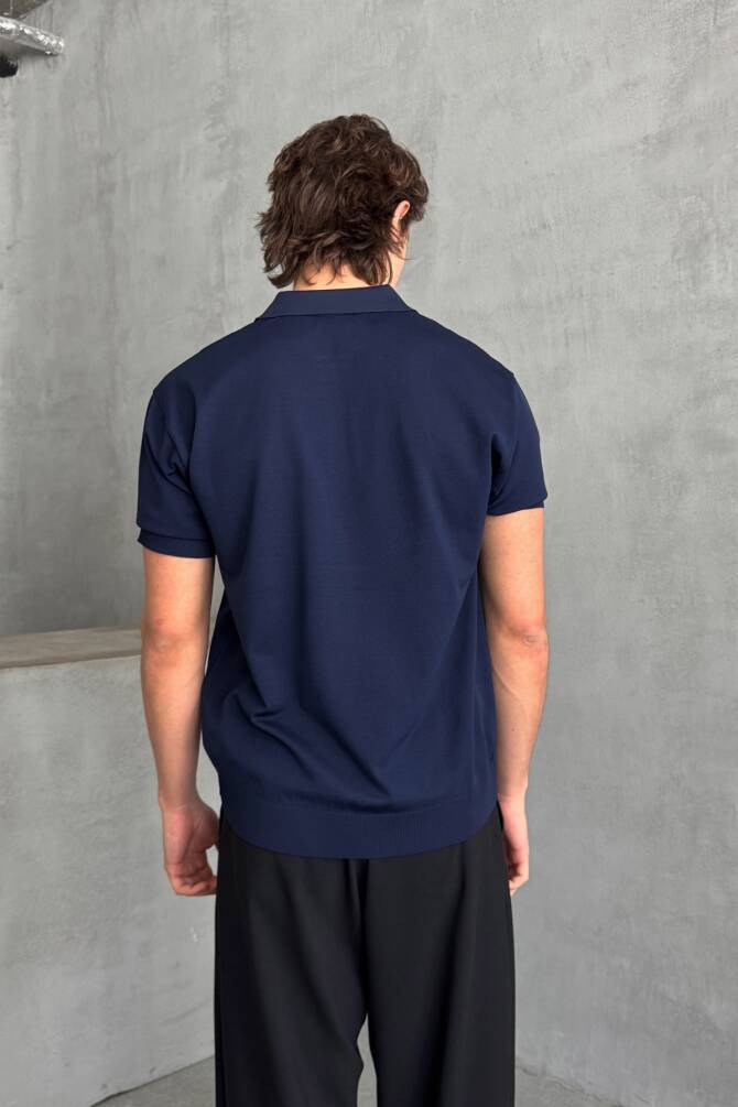 Erkek Oversize Fermuarlı Polo Yaka Triko T-Shirt Lacivert - 6