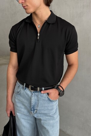 Erkek Oversize Fermuarlı Polo Yaka Triko T-Shirt Siyah 