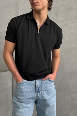 Erkek Oversize Fermuarlı Polo Yaka Triko T-Shirt Siyah - 2