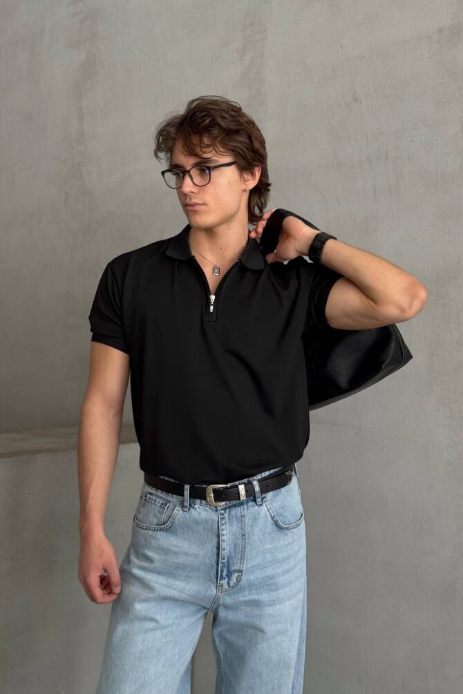 Erkek Oversize Fermuarlı Polo Yaka Triko T-Shirt Siyah - 3