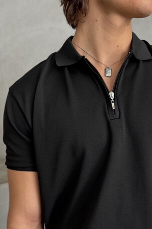 Erkek Oversize Fermuarlı Polo Yaka Triko T-Shirt Siyah - 4