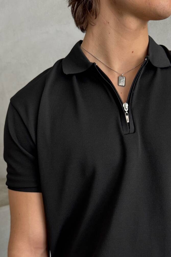 Erkek Oversize Fermuarlı Polo Yaka Triko T-Shirt Siyah - 4