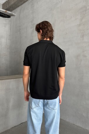 Erkek Oversize Fermuarlı Polo Yaka Triko T-Shirt Siyah - 5