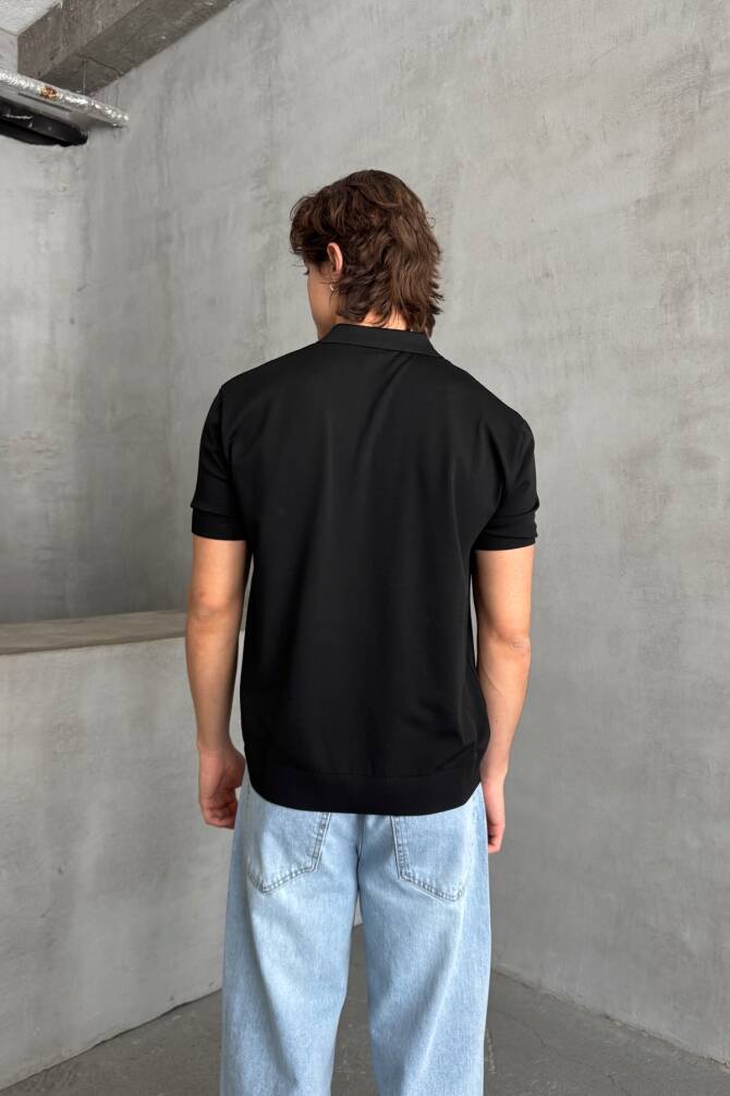 Erkek Oversize Fermuarlı Polo Yaka Triko T-Shirt Siyah - 5