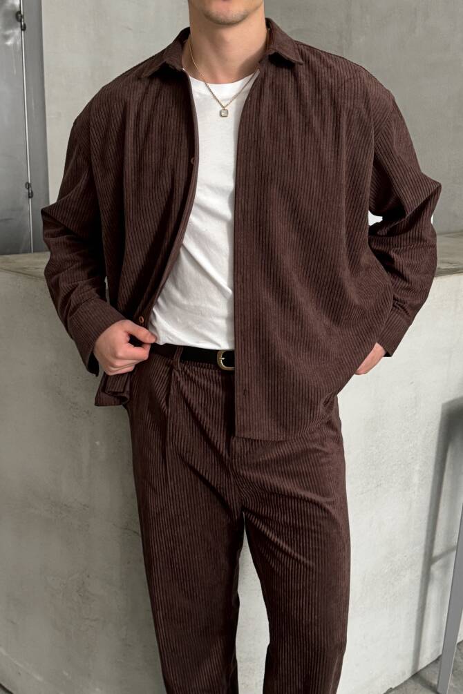 Erkek Oversize Kesim Kadife Gömlek Kahverengi - 1
