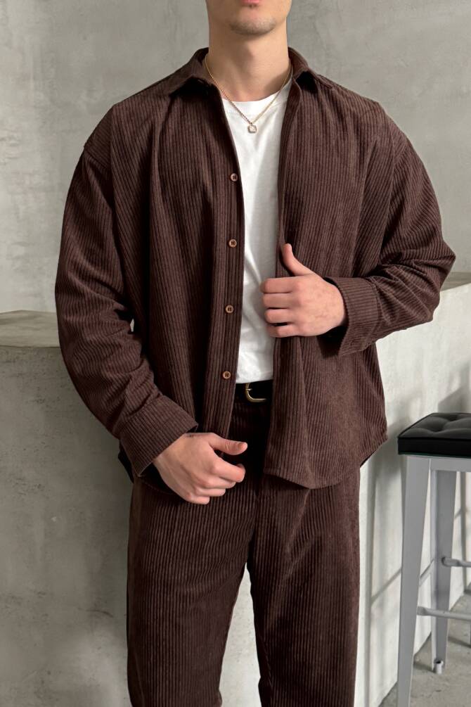 Erkek Oversize Kesim Kadife Gömlek Kahverengi - 2