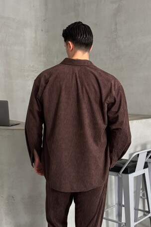 Erkek Oversize Kesim Kadife Gömlek Kahverengi - 7