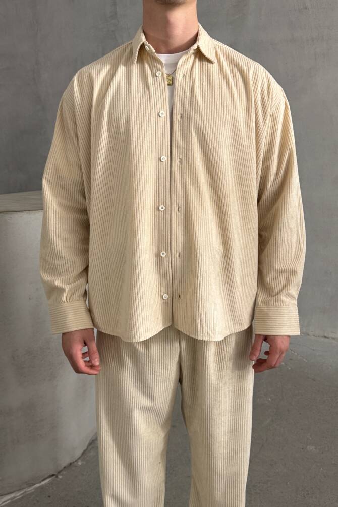 Erkek Oversize Kesim Kadife Gömlek Krem - 1