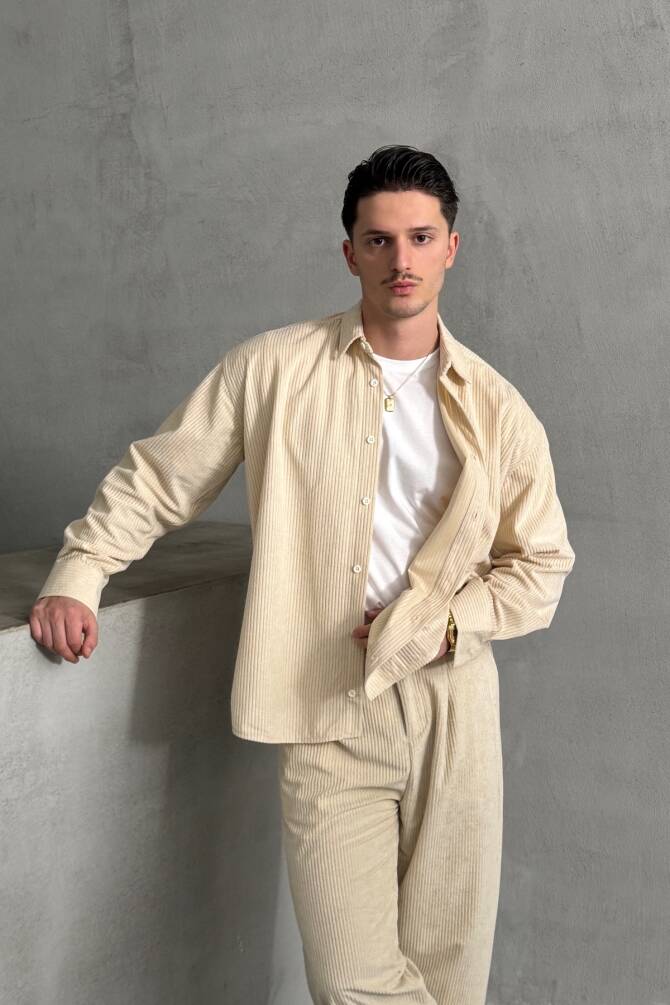 Erkek Oversize Kesim Kadife Gömlek Krem - 3