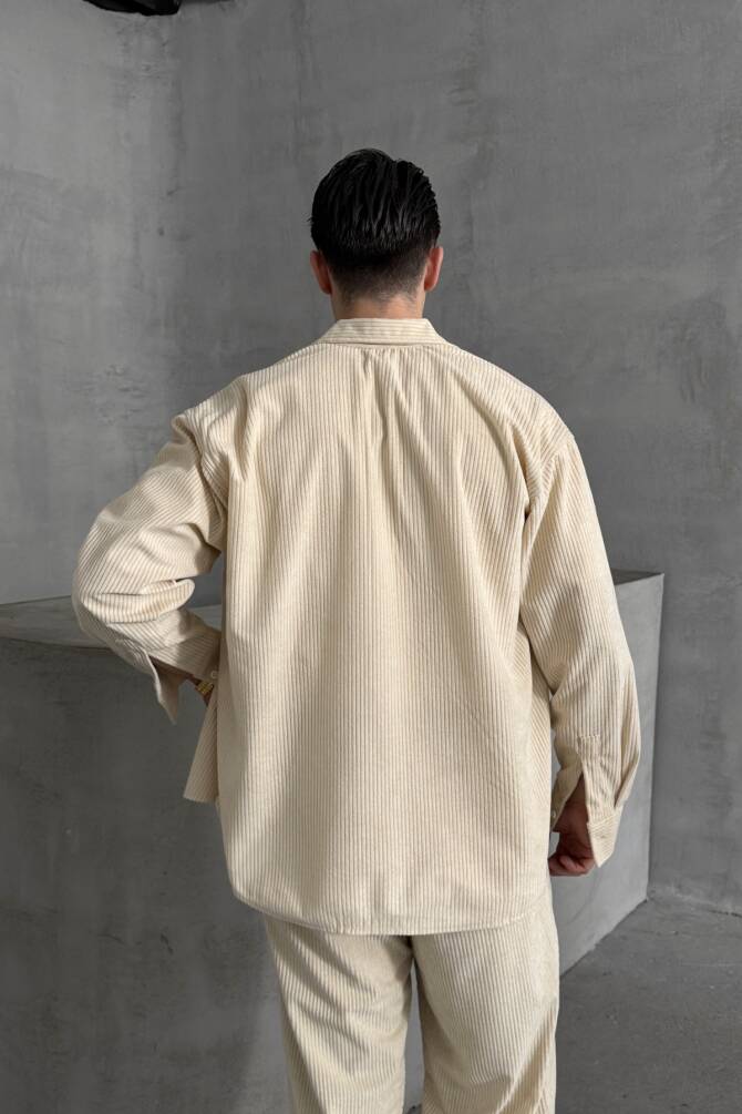Erkek Oversize Kesim Kadife Gömlek Krem - 5