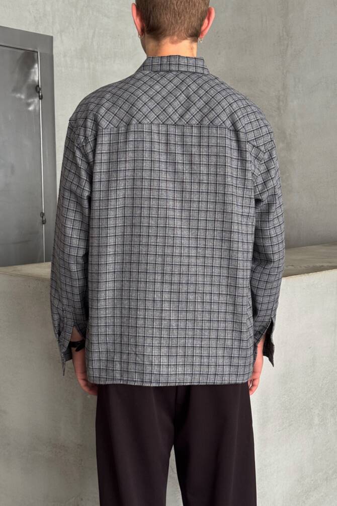 Erkek Oversize Kesim Kareli Gömlek Gri - 5
