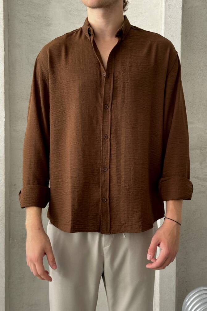 Erkek Oversize Kesim Keten Görünümlü Gömlek ACIKAHVE - 4