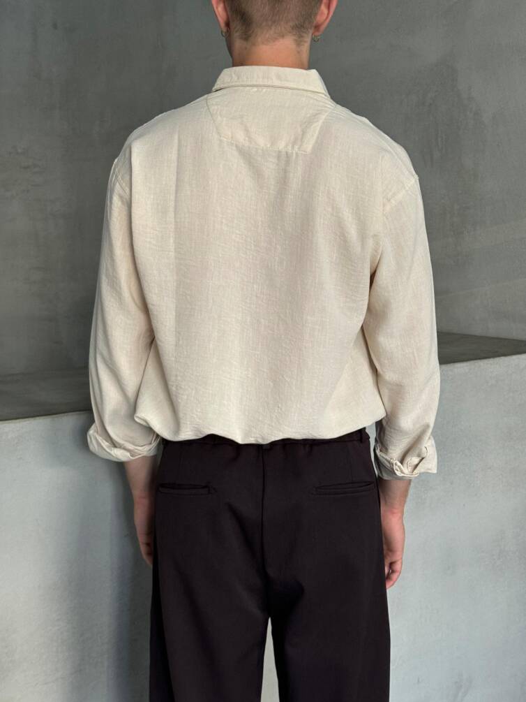 Erkek Oversize Kesim Keten Görünümlü Gömlek Bej - 4