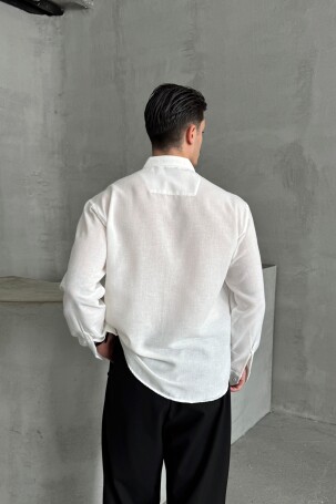 Erkek Oversize Kesim Keten Görünümlü Gömlek Beyaz - 4
