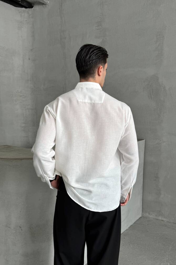 Erkek Oversize Kesim Keten Görünümlü Gömlek Beyaz - 4
