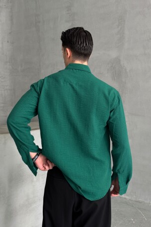 Erkek Oversize Kesim Keten Görünümlü Gömlek Petrol Yeşil - 4