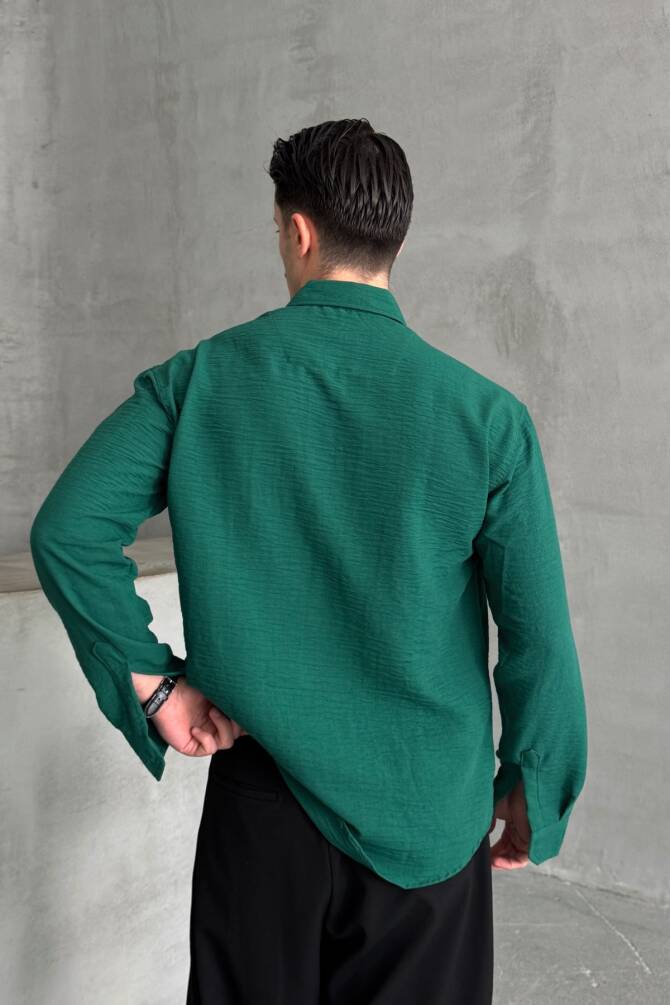 Erkek Oversize Kesim Keten Görünümlü Gömlek Petrol Yeşil - 4