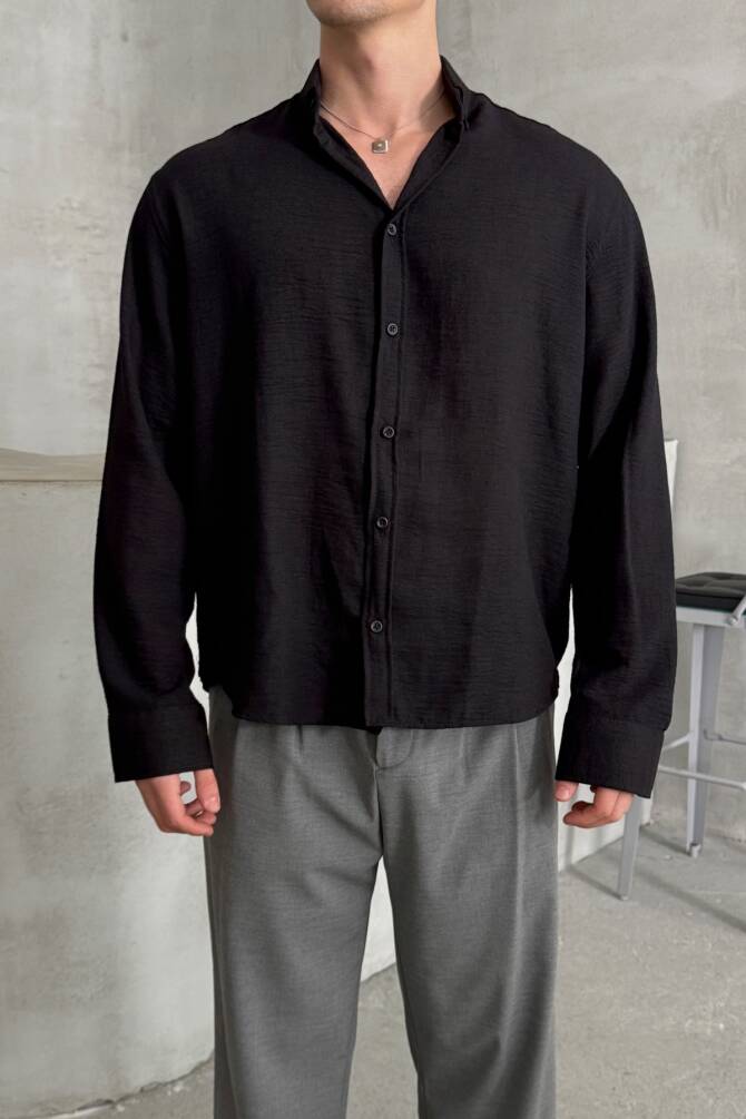 Erkek Oversize Kesim Keten Görünümlü Gömlek Siyah - 1