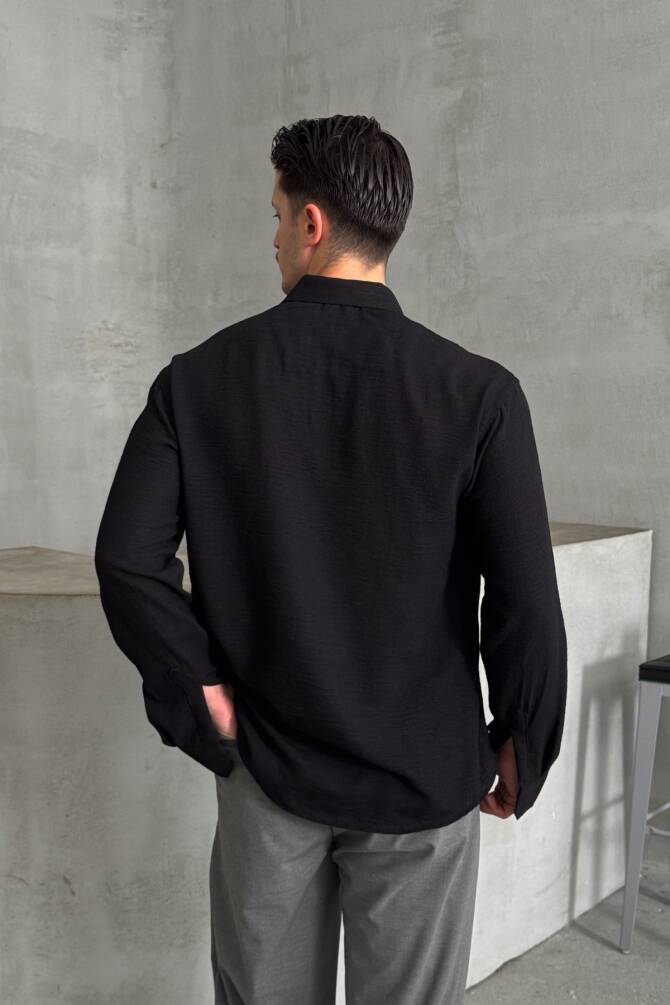 Erkek Oversize Kesim Keten Görünümlü Gömlek Siyah - 4