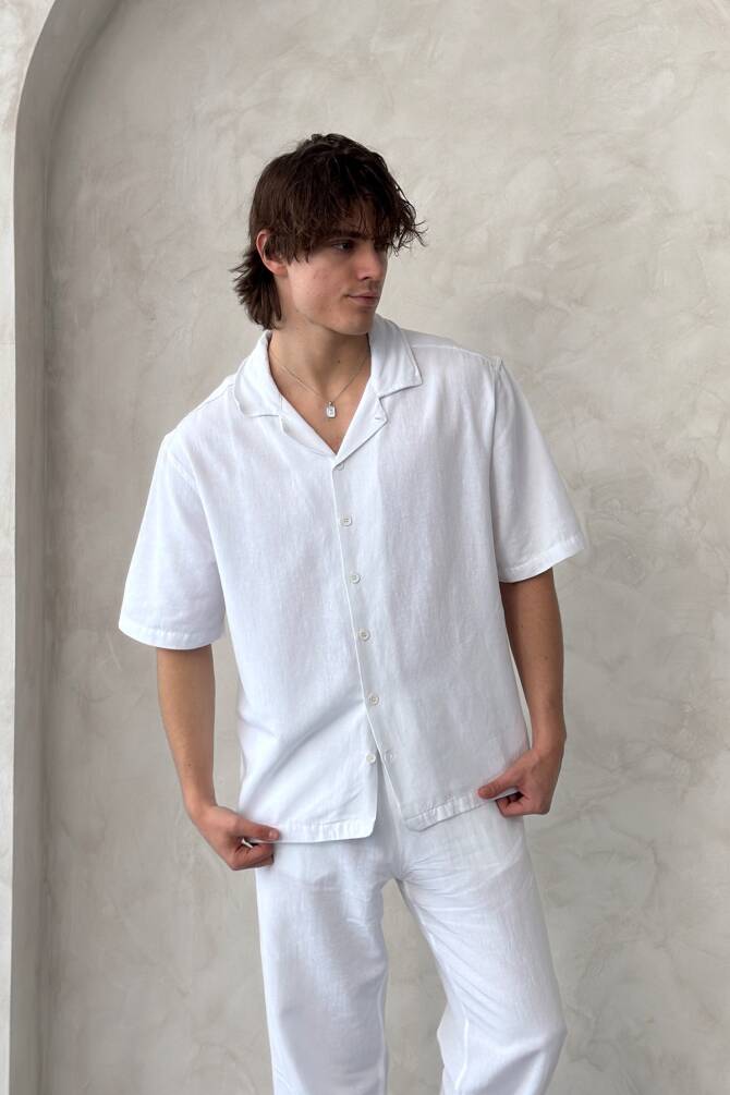 Erkek Oversize Keten Gömlek Pantolon Takım Beyaz - 4