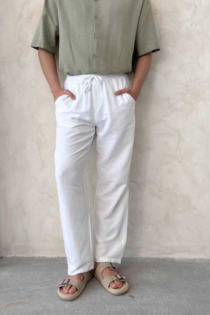 Erkek Oversize Keten Gömlek Pantolon Takım Beyaz - 6