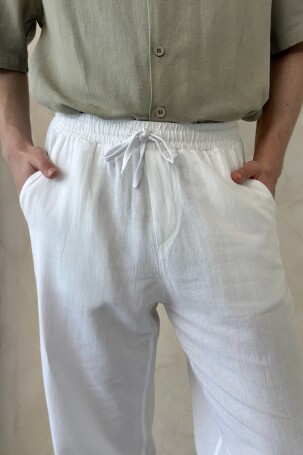Erkek Oversize Keten Gömlek Pantolon Takım Beyaz - 7