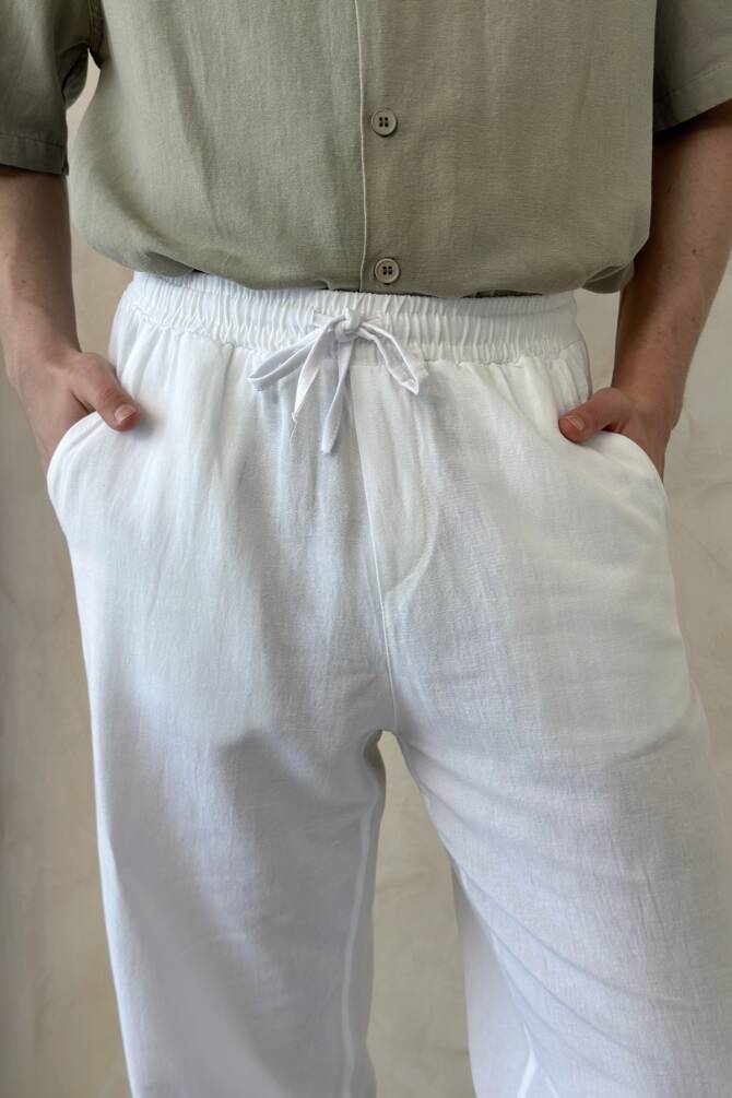 Erkek Oversize Keten Gömlek Pantolon Takım Beyaz - 7