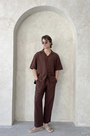Erkek Oversize Keten Gömlek Pantolon Takım Kahverengi 