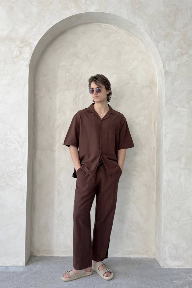 Erkek Oversize Keten Gömlek Pantolon Takım Kahverengi - 1